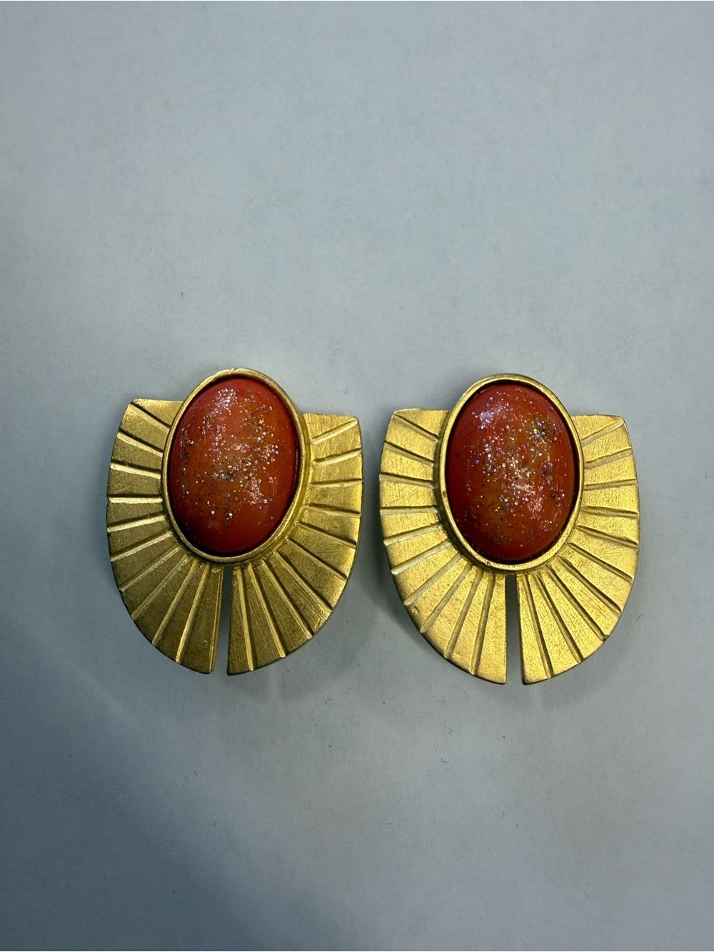 Vintage Oversized Gold Tone Coral Orange Statement Clip Earrings